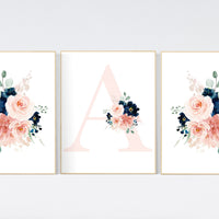 Blush navy flowers, nursery decor girl flower, nursery decor girl floral, blush navy flowers, navy and blush pink, Monogram, girl nursery