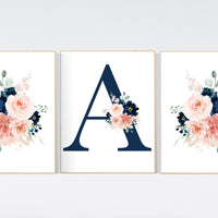 Blush navy flowers, nursery decor girl flower, nursery decor girl floral, blush and navy, navy and blush pink, girl nursery, name nursery