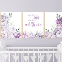 Nursery decor girl purple, floral nursery, flower nursery, peony, peonies, lavender, In a field of roses she is a wildflower, floral nursery