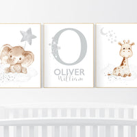 Nursery wall art animals, gray nursery, gender neutral nursery, neutral nursery, baby room decor, bear, elephant, giraffe, animal prints