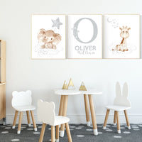 Nursery wall art animals, gray nursery, gender neutral nursery, neutral nursery, baby room decor, bear, elephant, giraffe, animal prints