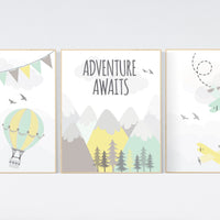 Adventure nursery decor, nursery decor airplane, world map nursery, adventure awaits, yellow mint nursery, travel theme, gender neutral
