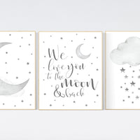 Nursery wall art grey, gray nursery, nursery decor neutral, baby room decor gender neutral, moon and stars, grey nursery decor baby room art
