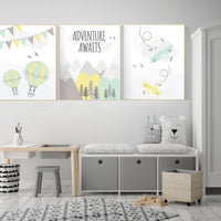 Adventure nursery decor, nursery decor airplane, world map nursery, adventure awaits, yellow mint nursery, travel theme, gender neutral