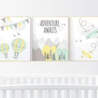 Adventure nursery decor, nursery decor airplane, world map nursery, adventure awaits, yellow mint nursery, travel theme, gender neutral