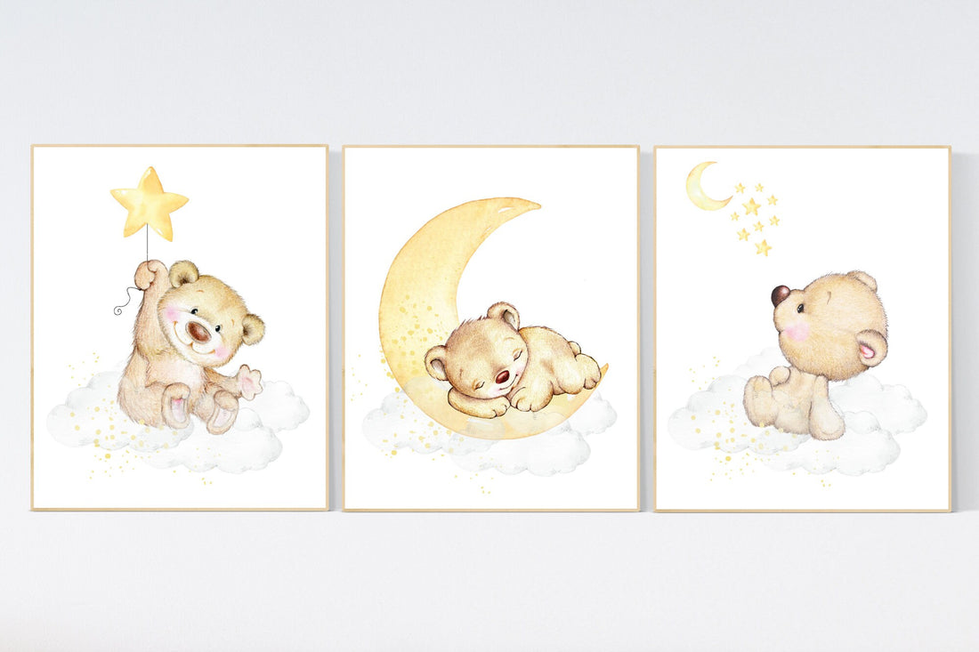 Nursery decor bear, gender neutral nursery wall art, yellow nursery, bear nursery print, teddy bear decor, nursery wall art animals, yellow