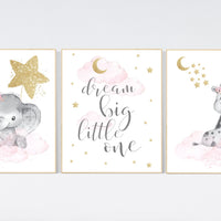 Nursery wall art girl, giraffe nursery, baby room decor girl gold and pink, dream big little one, cloud and stars, elephant nursery wall art