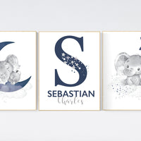 Nursery decor boy, elephant nursery, navy nursery decor, boy nursery wall art, moon and stars, navy blue nursery wall decor, name nursery
