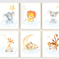 Nursery decor gender neutral, floral jungle, animal prints, Nursery wall art, elephant, giraffe, bear, monkey, koala, lion, blue yellow