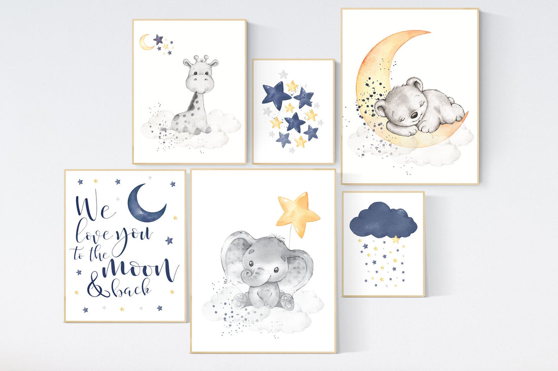 Nursery decor animals, navy yellow gray, gender neutral, nursery wall art boy, navy Blue, elephant, giraffe, bear, navy yellow grey, animals