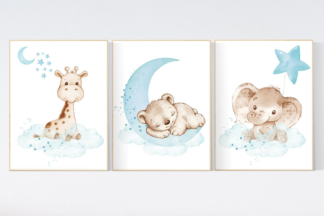 Nursery decor animals, teal nursery, Gender neutral nursery wall art, elephant, giraffe, bear, teal and grey, woodland, animal prints