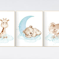 Nursery decor animals, teal nursery, Gender neutral nursery wall art, elephant, giraffe, bear, teal and grey, woodland, animal prints