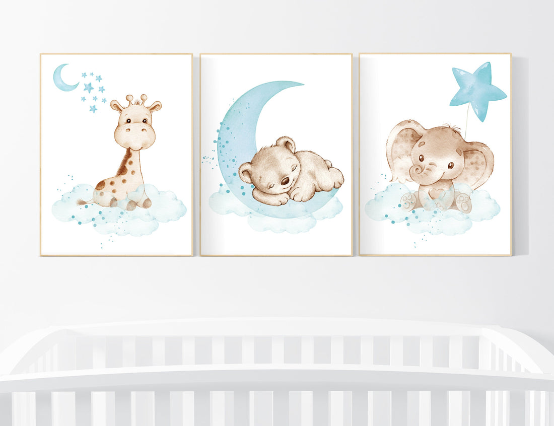 Nursery decor animals, teal nursery, Gender neutral nursery wall art, elephant, giraffe, bear, teal and grey, woodland, animal prints
