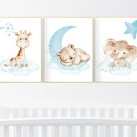 Nursery decor animals, teal nursery, Gender neutral nursery wall art, elephant, giraffe, bear, teal and grey, woodland, animal prints