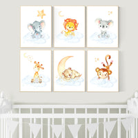 Nursery decor gender neutral, floral jungle, animal prints, Nursery wall art, elephant, giraffe, bear, monkey, koala, lion, blue yellow