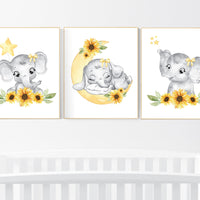 Yellow nursery, sunflower, floral nursery, elephant nursery wall decor, flower nursery decor, yellow and gray, animal nursery prints