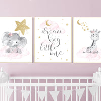 Nursery wall art girl, giraffe nursery, baby room decor girl gold and pink, dream big little one, cloud and stars, elephant nursery wall art