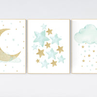 Mint gold nursery decor, stars, moon, cloud, nursery wall art mint, gender neutral nursery, mint green nursery, cloud nursery