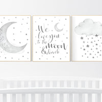 Nursery wall art grey, gray nursery, nursery decor neutral, baby room decor gender neutral, moon and stars, grey nursery decor baby room art