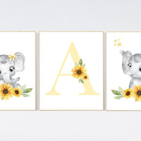 Yellow nursery, sunflower, floral nursery, elephant nursery wall decor, flower nursery decor, yellow and gray, animal nursery prints