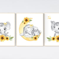 Yellow nursery, sunflower, floral nursery, elephant nursery wall decor, flower nursery decor, yellow and gray, animal nursery prints