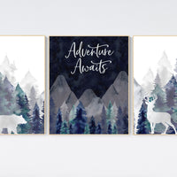 Nursery decor boy mountain, woodland nursery, tree nursery wall decor, adventure theme nursery, forest, navy and teal, woodland animals