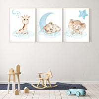 Nursery decor animals, teal nursery, Gender neutral nursery wall art, elephant, giraffe, bear, teal and grey, woodland, animal prints