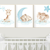 Nursery decor animals, teal nursery, Gender neutral nursery wall art, elephant, giraffe, bear, teal and grey, woodland, animal prints