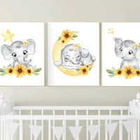 Yellow nursery, sunflower, floral nursery, elephant nursery wall decor, flower nursery decor, yellow and gray, animal nursery prints