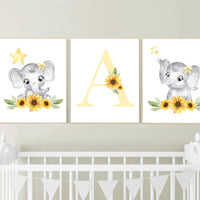 Yellow nursery, sunflower, floral nursery, elephant nursery wall decor, flower nursery decor, yellow and gray, animal nursery prints