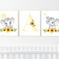 Yellow nursery, sunflower, floral nursery, elephant nursery wall decor, flower nursery decor, yellow and gray, animal nursery prints