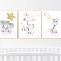 Nursery wall art girl, giraffe nursery, baby room decor girl gold and pink, dream big little one, cloud and stars, elephant nursery wall art