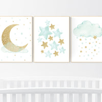 Mint gold nursery decor, stars, moon, cloud, nursery wall art mint, gender neutral nursery, mint green nursery, cloud nursery