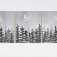 Nursery decor woodland, gender neutral, forest, adventure theme nursery, tree nursery, forest nursery, mountains, gray, grey, nursery art