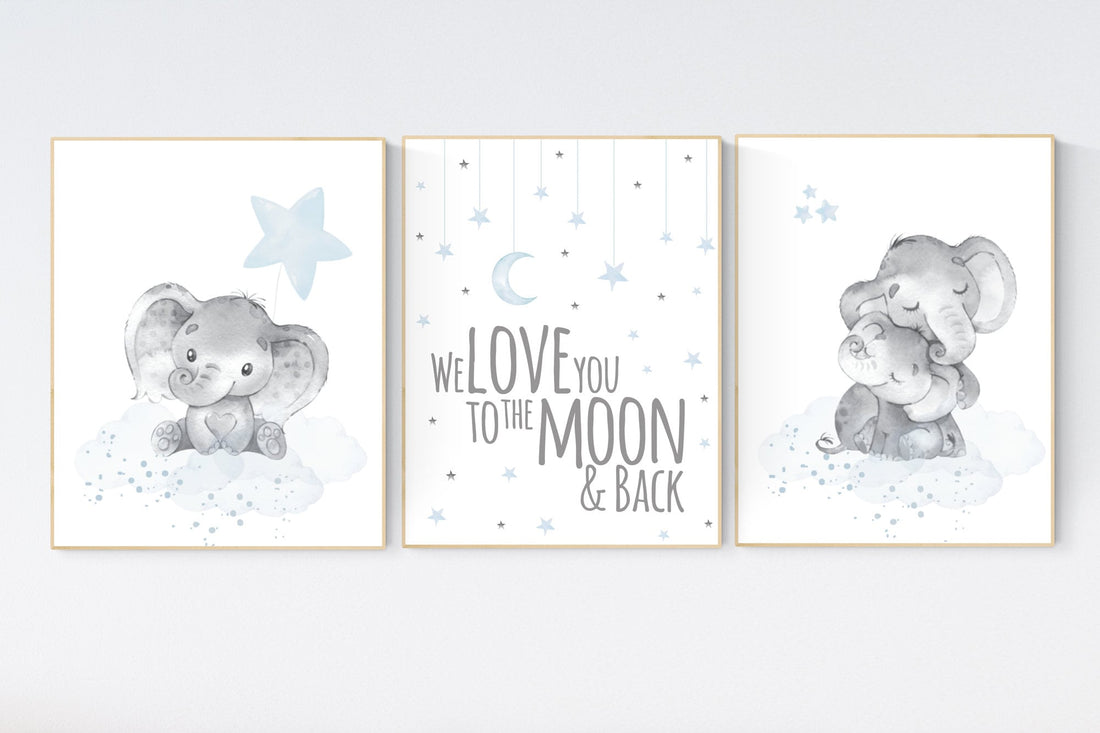 Nursery decor boy elephant,  blue nursery decor, we love you to the moon and back, moon and stars, dusty blue nursery art, elephant nursery