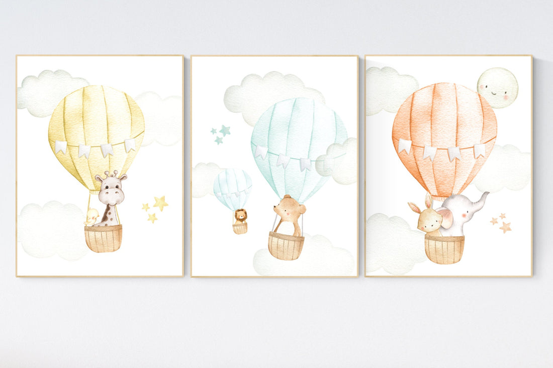 Nursery decor animals, hot air balloon, elephant giraffe, bear, gender neutral, nursery decor twins, animal nursery, neutral, unisex