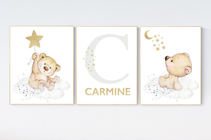 Nursery decor bear, nursery decor boy, bear nursery print, navy blue and gold, teddy bear decor, nursery wall art animals, boy nursery art