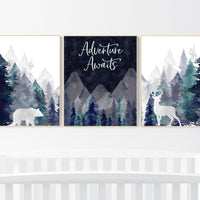 Nursery decor boy mountain, woodland nursery, tree nursery wall decor, adventure theme nursery, forest, navy and teal, woodland animals