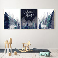 Nursery decor boy mountain, woodland nursery, tree nursery wall decor, adventure theme nursery, forest, navy and teal, woodland animals