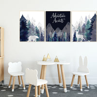 Nursery decor boy mountain, woodland nursery, tree nursery wall decor, adventure theme nursery, forest, navy and teal, woodland animals