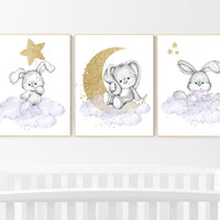 Bunny nursery wall art, Purple nursery decor, Nursery decor girl flower bunny, lilac, lavender, bunny print nursery girl, rabbit print
