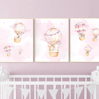 Nursery decor girl, hot air balloon nursery girls, animal nursery, hot air balloon art for nursery, pink nursery prints, girls room wall art