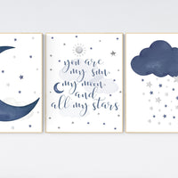 Nursery decor boy, navy nursery decor, moon and stars, navy blue nursery art, baby boy nursery art, nursery wall decor, boys room decor