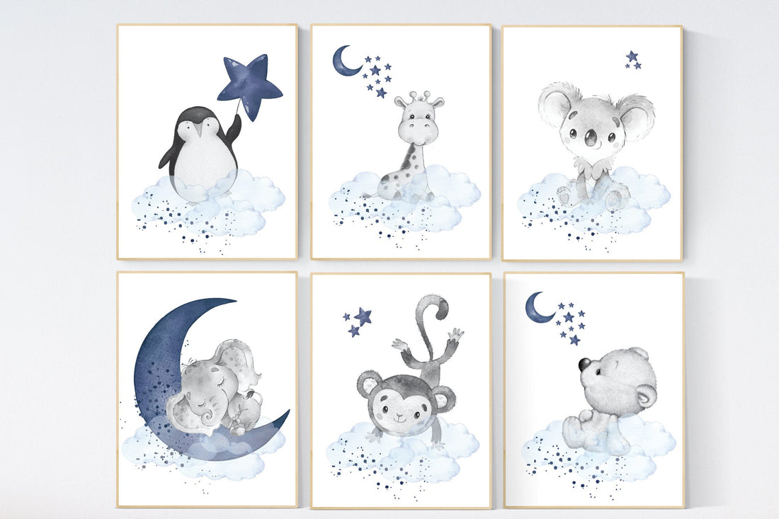 Nursery decor boy animals, nursery wall art boy, navy blue, animal prints for nursery, navy blue nursery wall decor, set of 6 prints