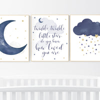 Navy nursery decor, cloud and stars, twinkle twinkle little star, navy gold nursery art. baby room wall art, boy nursery decor, set of 3