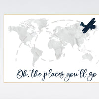 Nursery decor boy, world map, gray nursery, gray navy blue, adventure awaits, adventure nursery, travel theme, plane nursery wall art