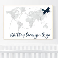 Nursery decor boy, world map, gray nursery, gray navy blue, adventure awaits, adventure nursery, travel theme, plane nursery wall art