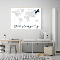 Nursery decor boy, world map, gray nursery, gray navy blue, adventure awaits, adventure nursery, travel theme, plane nursery wall art