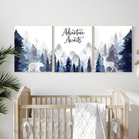 Nursery decor woodland, mountain wall art, tree nursery decor, adventure theme nursery, forest, navy and baby blue, woodland animals