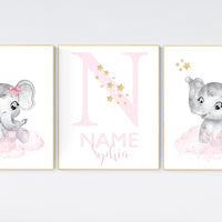 Girl nursery decor, pink and gold, elephant nursery prints, nursery wall art girl, baby girl elephant nursery decor, name nursery, pink gold